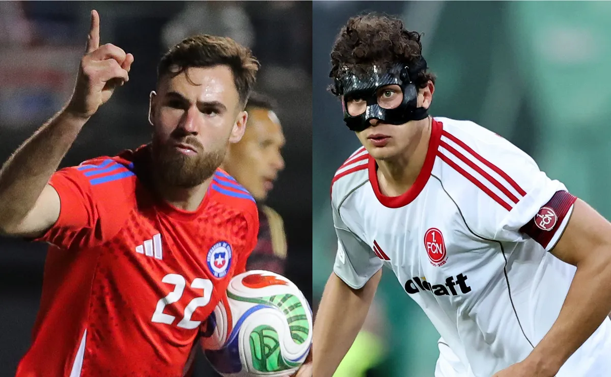 Perú asegura a un defensor alemán mientras Brereton celebra gol con Chile Perú asegura a un defensor alemán mientras Brereton celebra gol con Chile