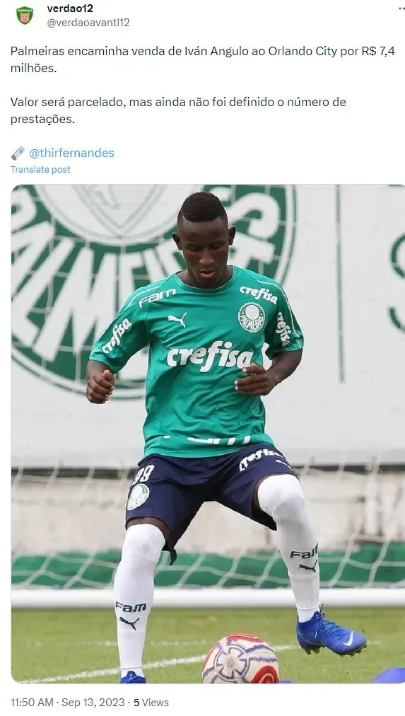 Palmeiras encaminha venda de Iván Angulo para o Orlando City