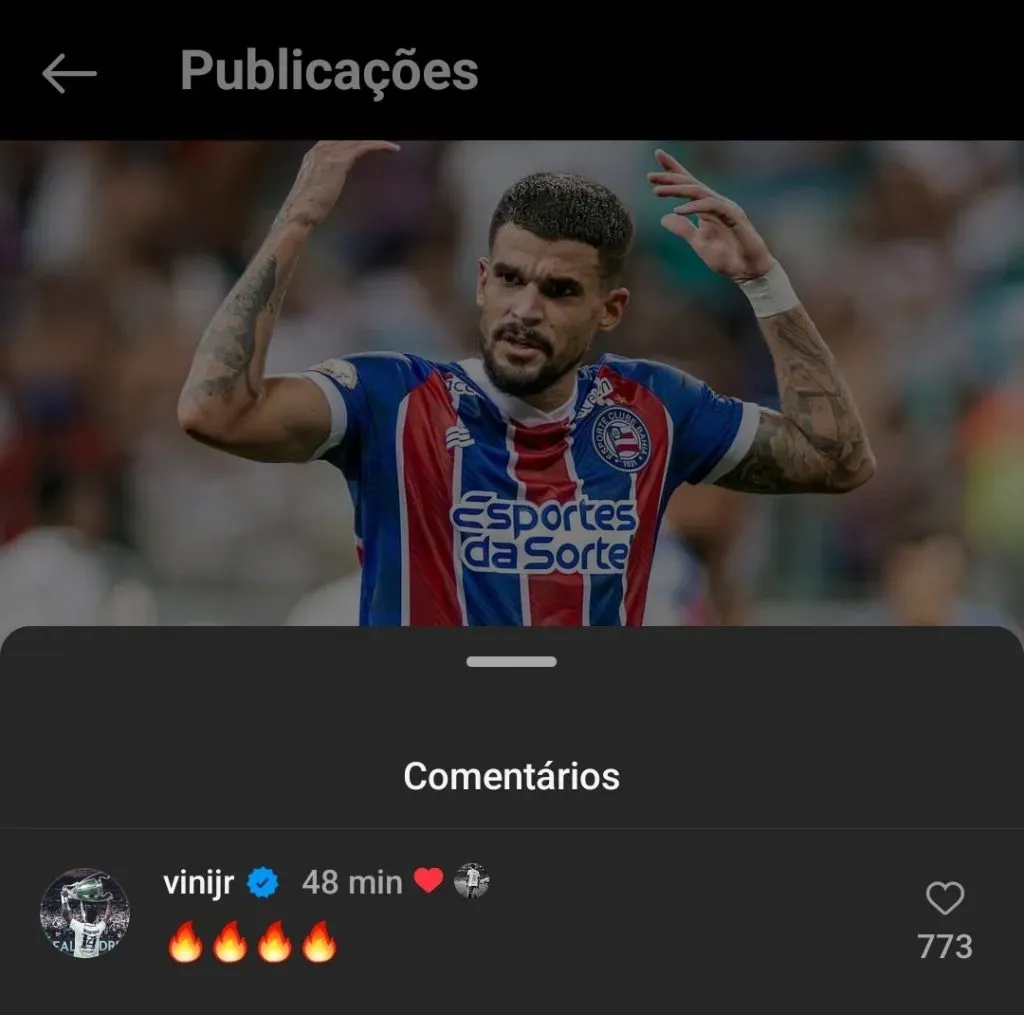 Vinícius Júnior comenta em publicação de Cauly. Foto: Reprodução Instagram