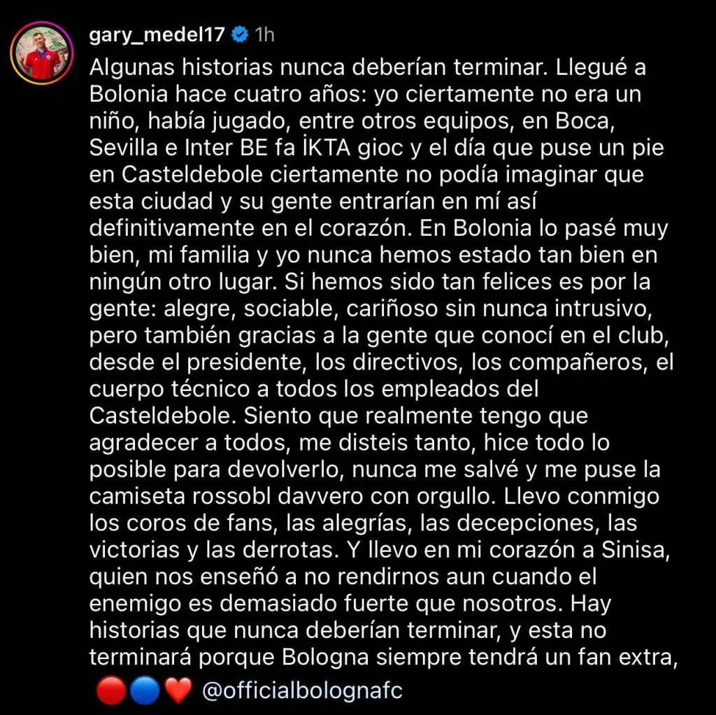 El sentido mensaje de Gary Medel sobre su salida del Bologna. Instagram