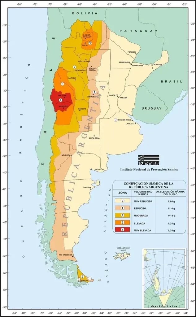 El mapa de peligrosis sísmica de Argentina (Fuente: Inpres)