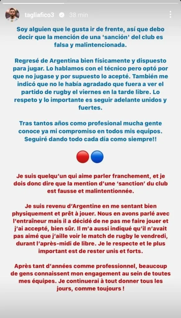 La publicación de Tagliafico. (Foto: Instagram)