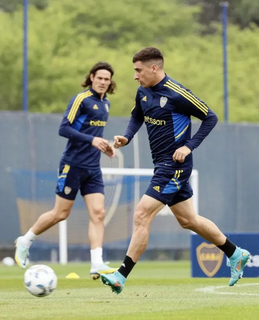 Edinson Cavani y Miguel Merentiel en el entrenamiento de Boca.