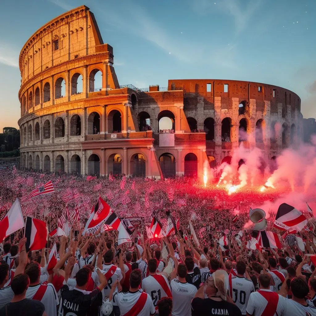 Los hinchas de River en la capital de Italia (Foto: Bing Image Generator, Dall-E-3)