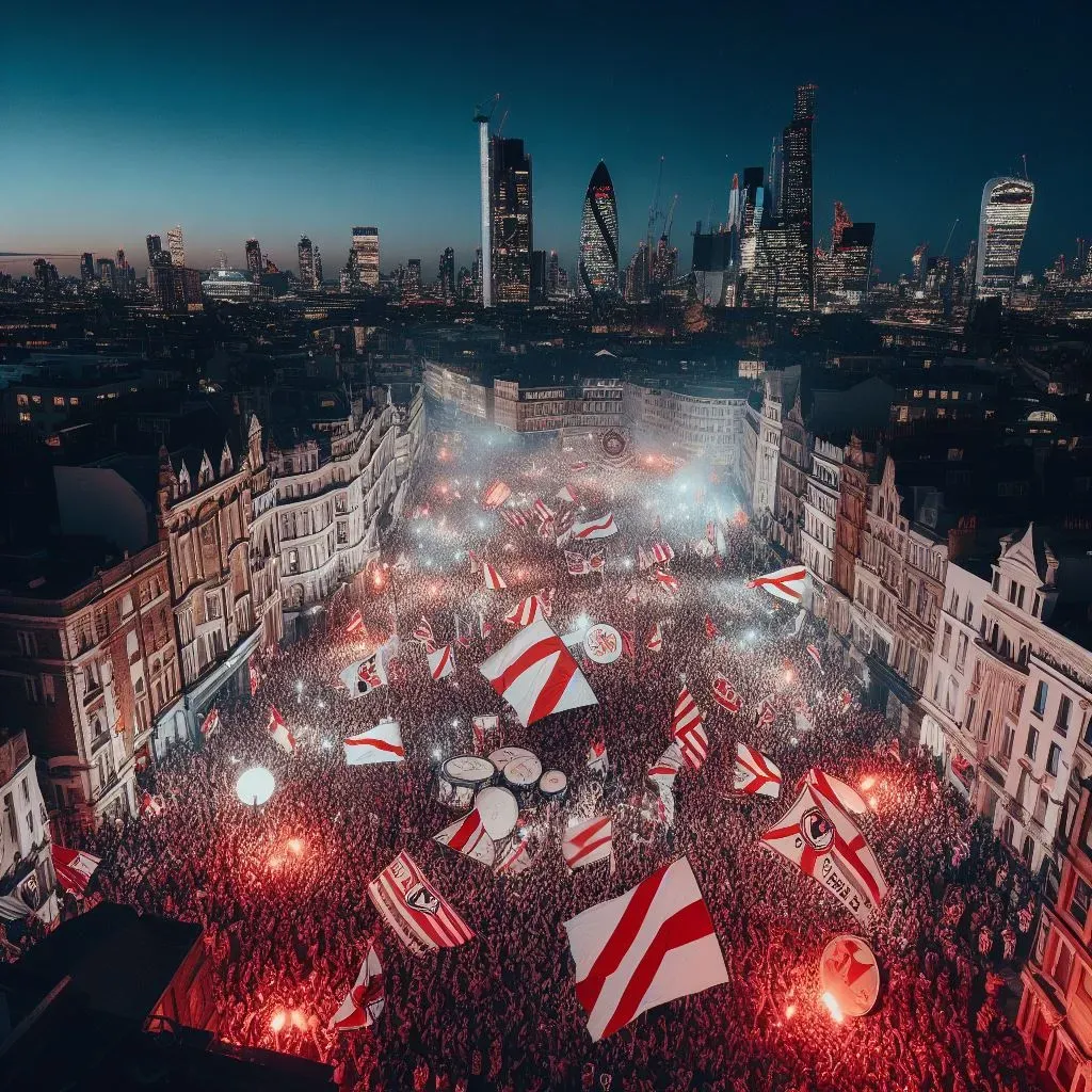 La capital inglesa, copada por hinchas de River (Foto: Bing Image Generator, Dall-E-3)