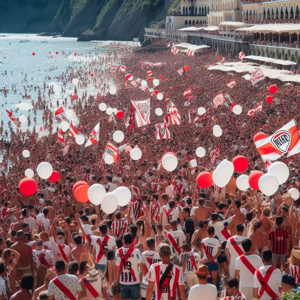 Las playas de Italia repletas de hinchas de River (Foto: Bing Image Generator, Dall-E-3)