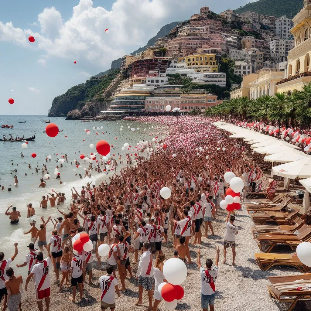 Las playas de Italia repletas de hinchas de River (Foto: Bing Image Generator, Dall-E-3)