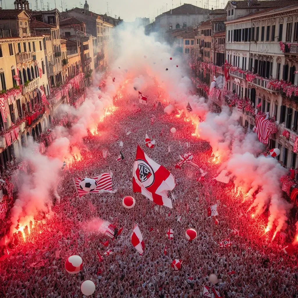 Los fanáticos de River en la ciudad de los canales (Foto: Bing Image Generator, Dall-E-3)