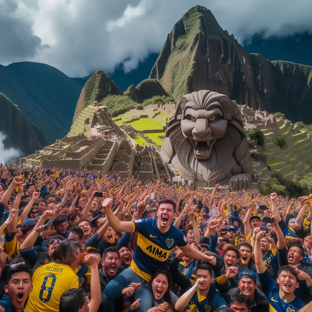 Las ruinas incas, repletas de hinchas de Boca. (Foto: Bing Image Generator, Dall-E-3)