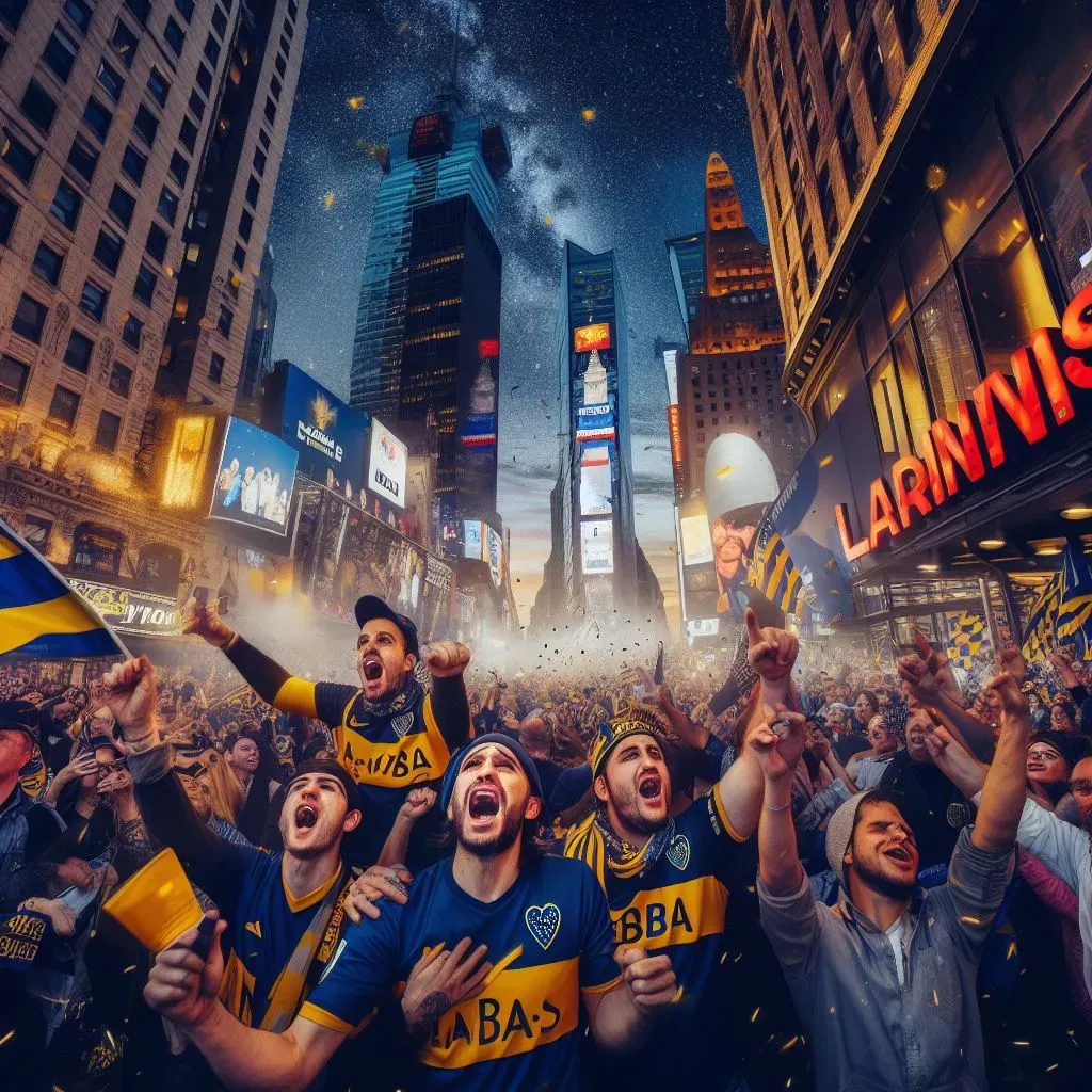 Los hinchas de Boca en la ciudad que nunca duerme. (Foto: Bing Image Generator, Dall-E-3)