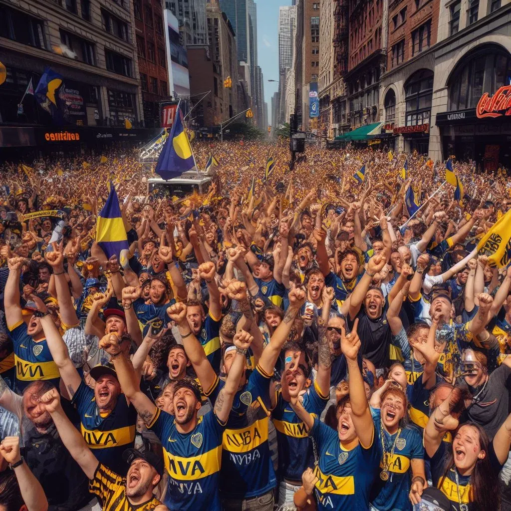 Los hinchas de Boca en la ciudad que nunca duerme. (Foto: Bing Image Generator, Dall-E-3)