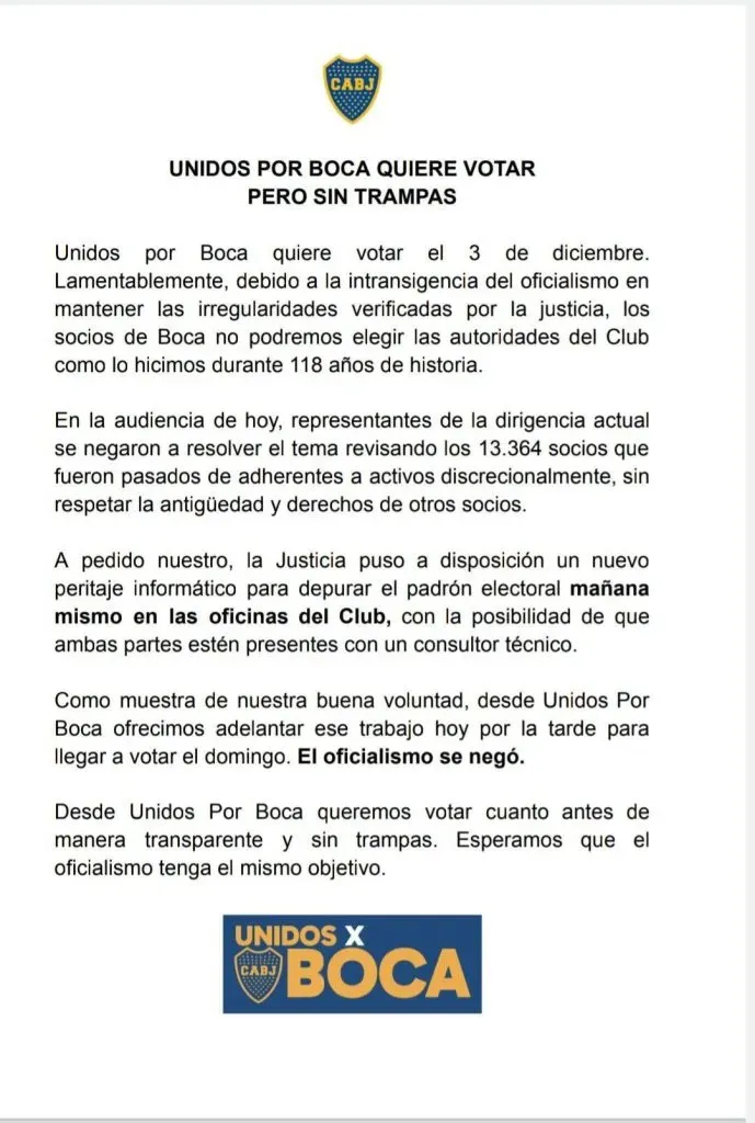 El comunicado de la oposición de Boca.