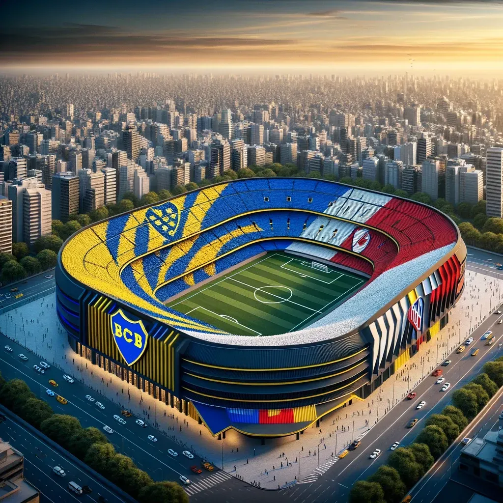 El estadio de River y Boca fusionado, pintado mitad y mitad con los colores de cada equipo.