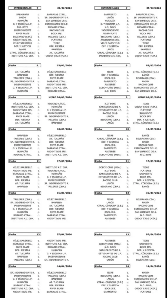 El fixture de la Copa de la Liga Profesional entre las fechas 7 y 14. (Prensa AFA)