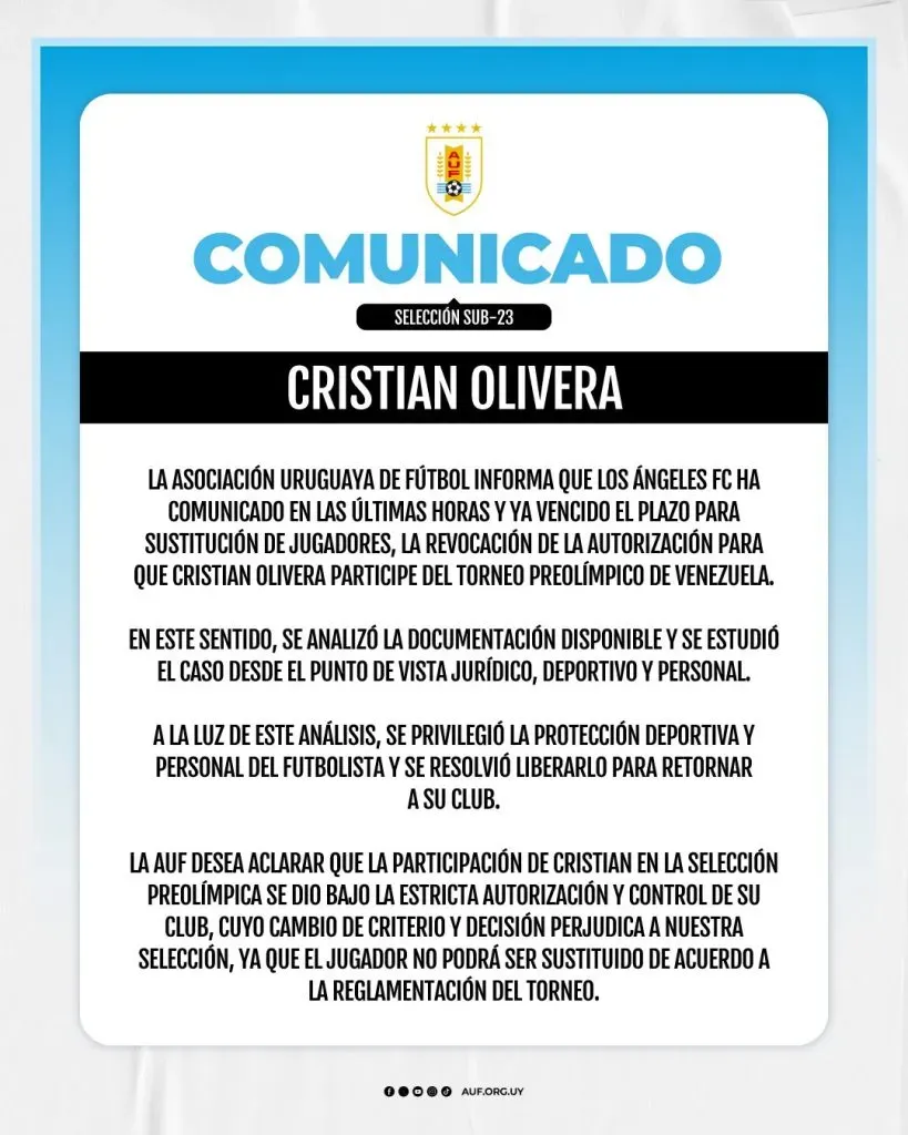 El comunicado de la AUF con la baja de Cristian Olivera (AUF).