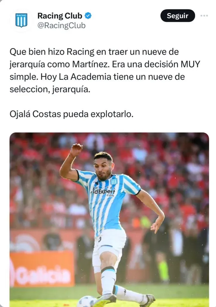 La chicana que Racing publicó en Twitter, pero luego borró.