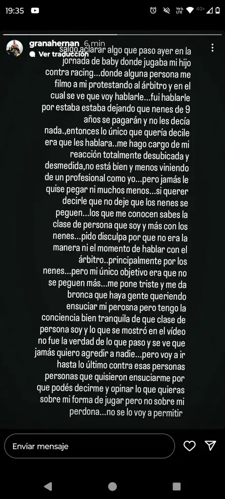 El comunicado que publicó Hernán Grana.