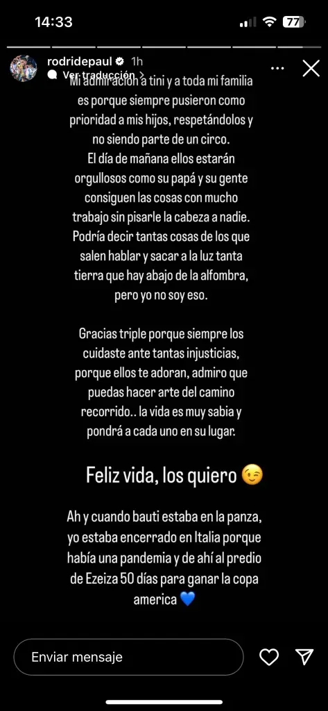 El posteo de Rodrigo De Paul en Instagram.