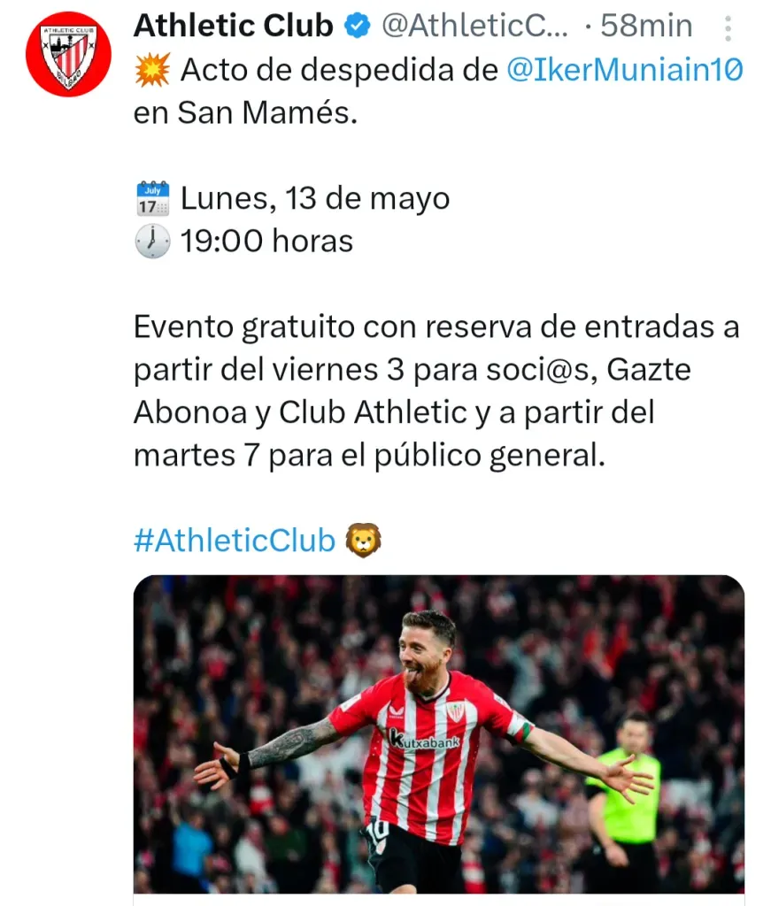 Athletic Bilbao confirmó fecha para el homenaje a Muniain.
