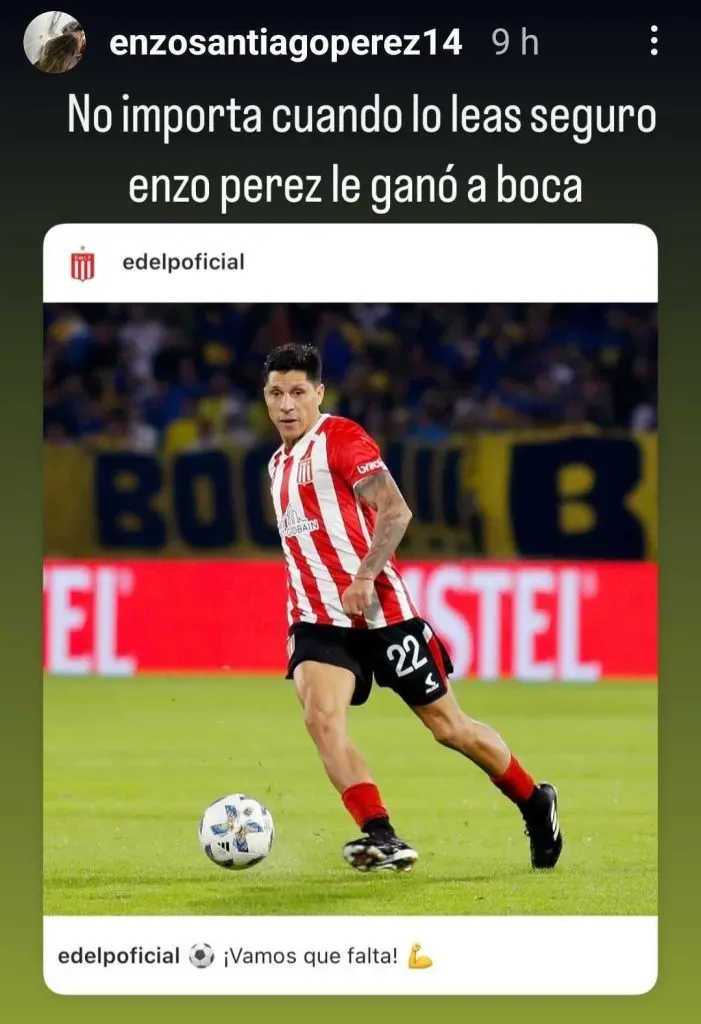 La picante historia de Instagram del hijo de Enzo Pérez contra Boca (Instagram @enzosantiagoperez14).