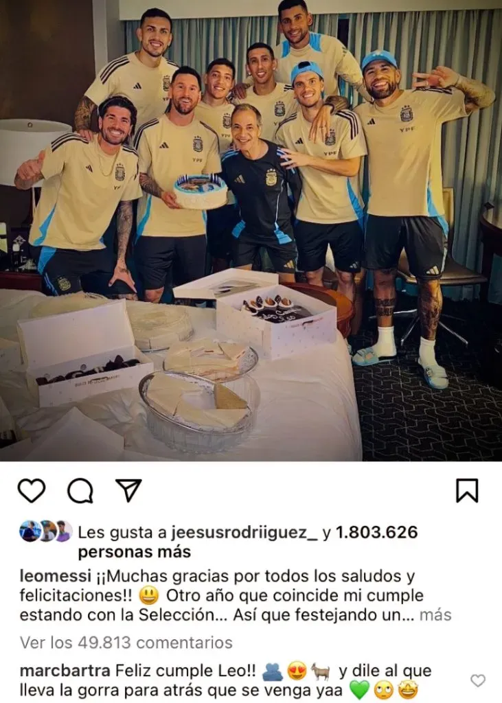 Bartra pide por Lo Celso a Betis en una publicación de Messi (Instagram @leomessi/@marcbartra).