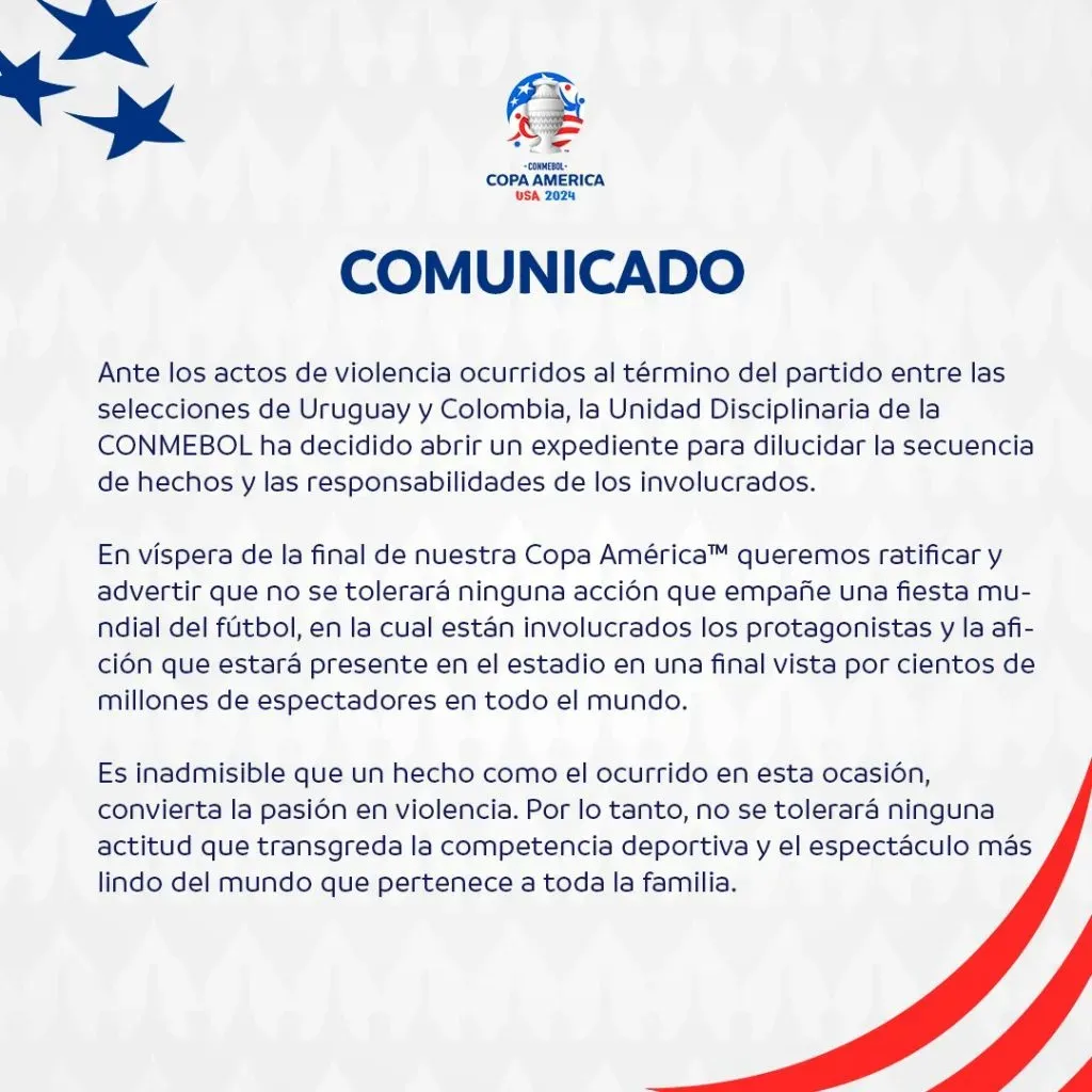El comunicado por los incidentes. @CopaAmerica)