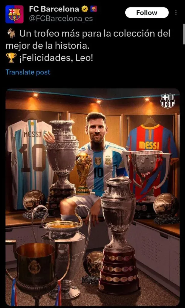 Posteo del Barcelona para Lionel Messi.