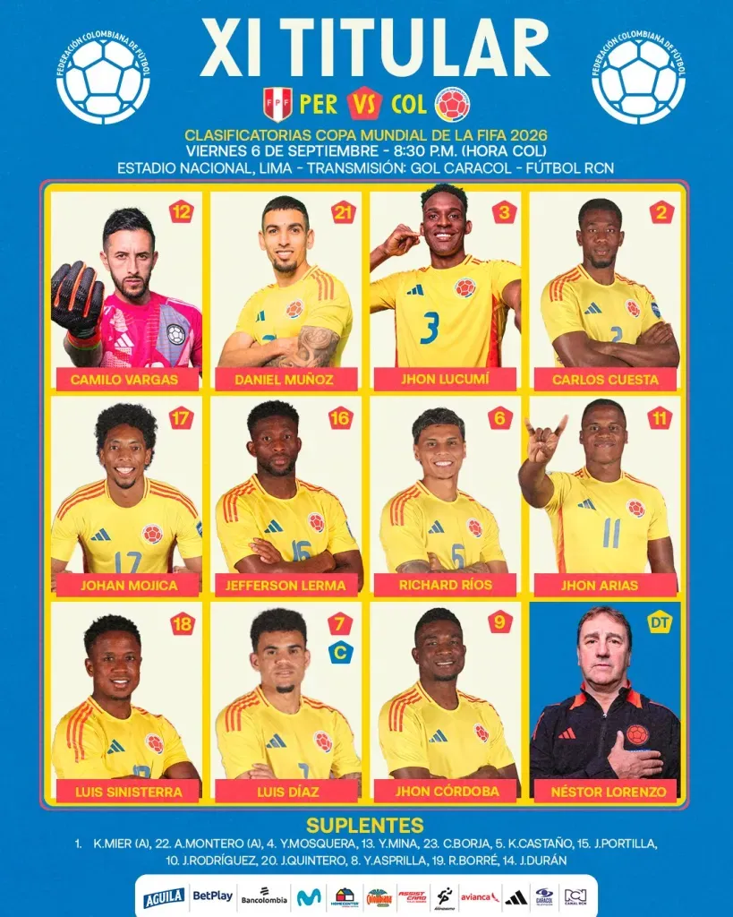 La formación de Colombia vs. Perú. (Foto: Prensa Selección de Colombia)