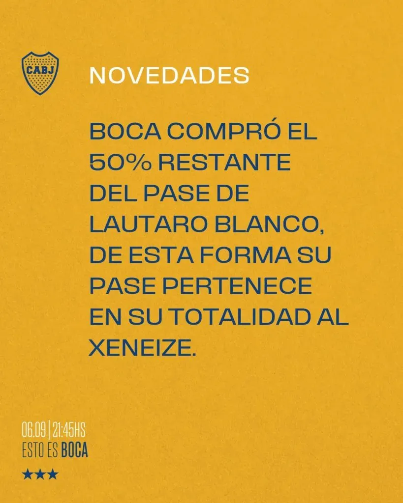 Boca ya tiene la totalidad del pase de Lautaro Blanco (X @estoesboca_ok).