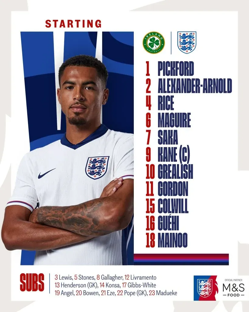 La formación de Inglaterra para enfrentar a Irlanda (X @England).