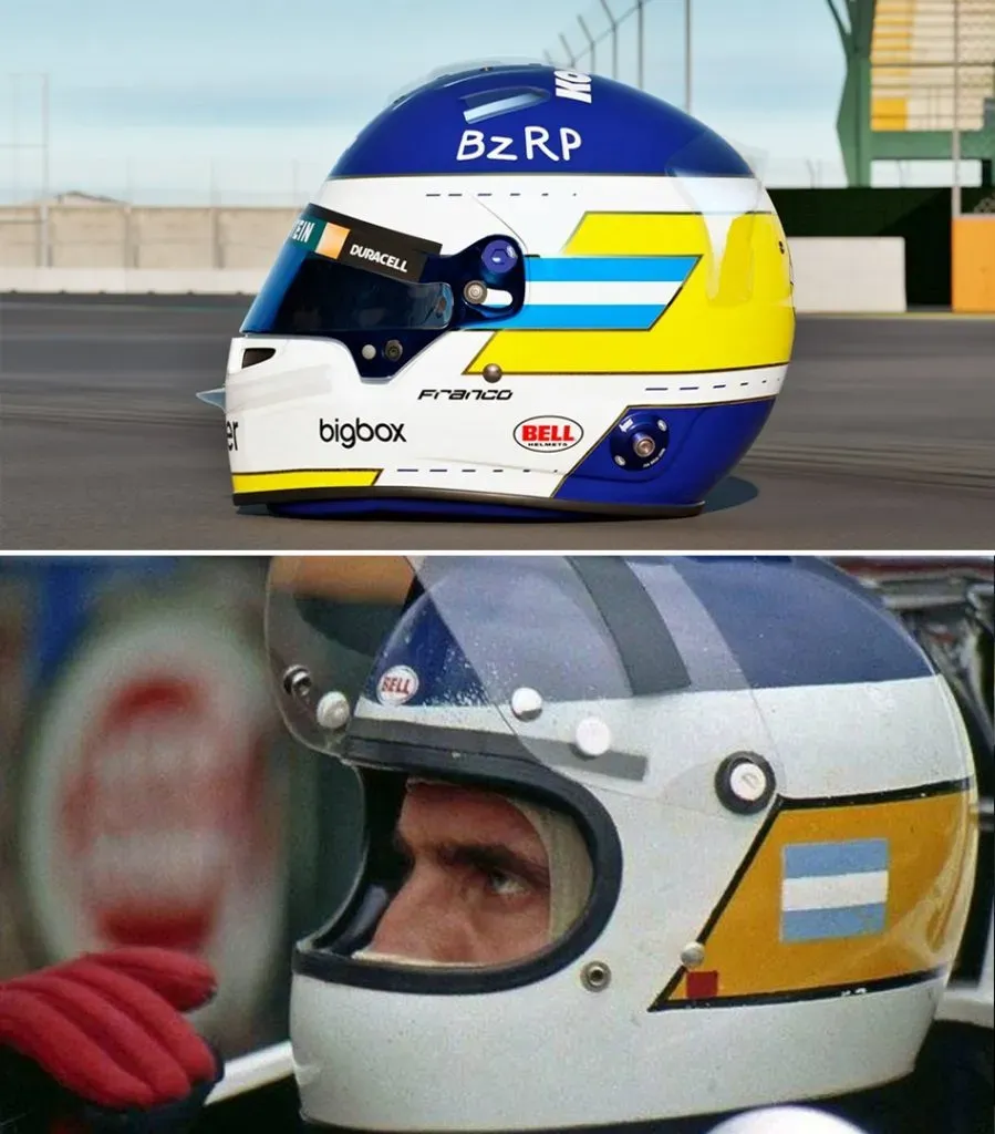 El casco de Colapinto, homenaje a Reutemann.