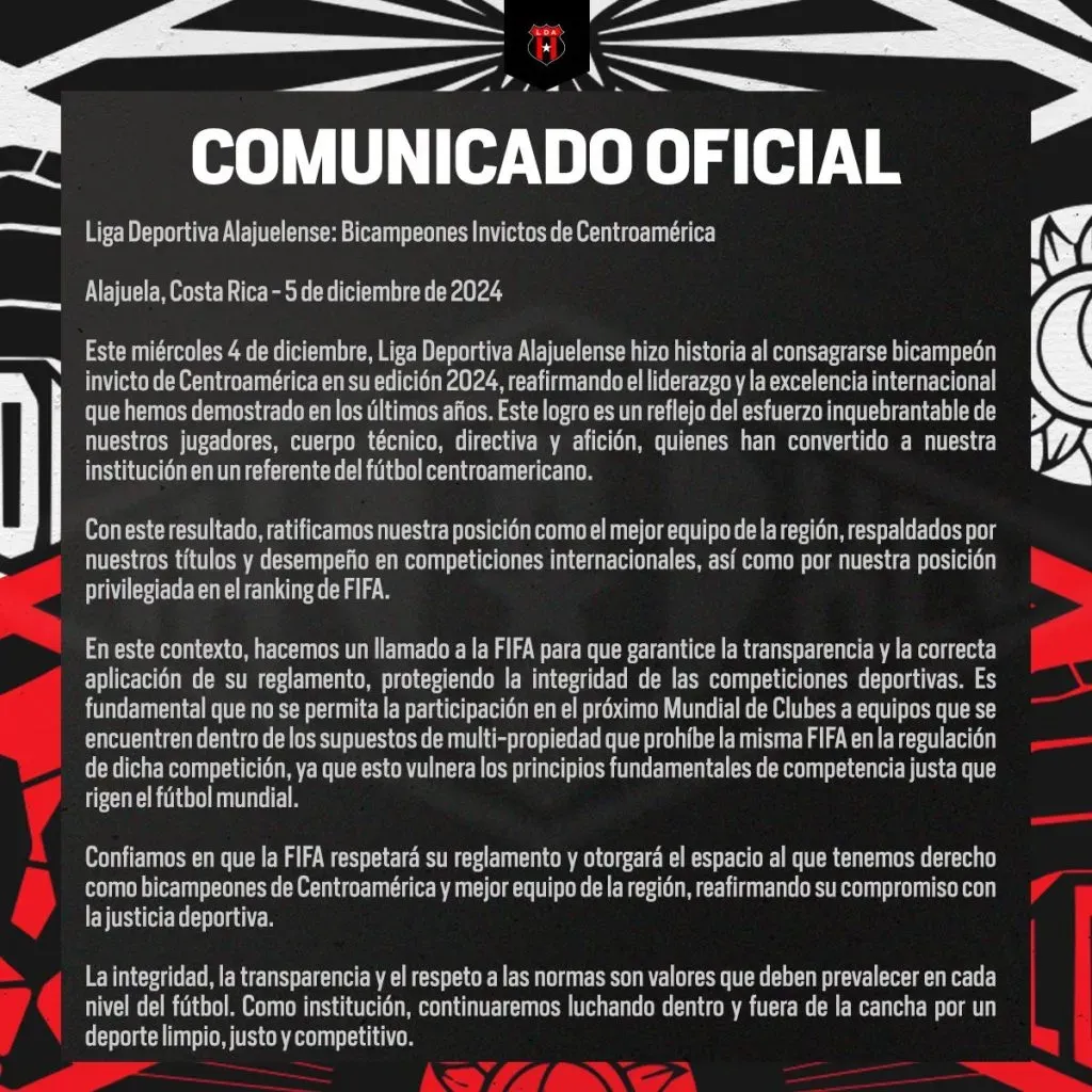 El comunicado de Liga Deportiva Alajuelense reclamando su lugar en el Mundial de Clubes 2025.