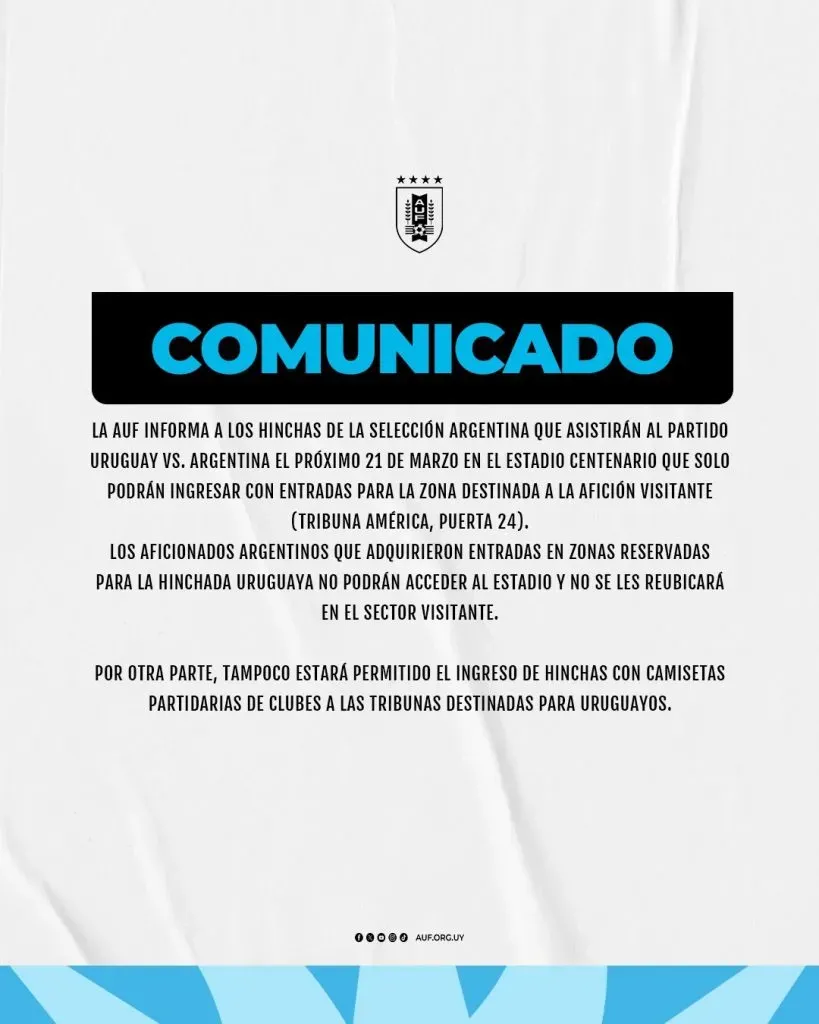 El comunicado con el que Uruguay prohíbe el ingreso de camisetas de clubes.
