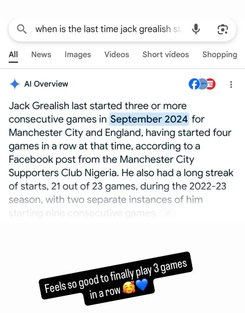 La historia que compartió Jack Grealish en su cuenta personal de Instagram.