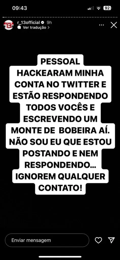 Rafinha teve sua conta hackeada no twitter e falou sobre o assunto em seu Instagram. Foto: Reprodução Instagram Rafinha