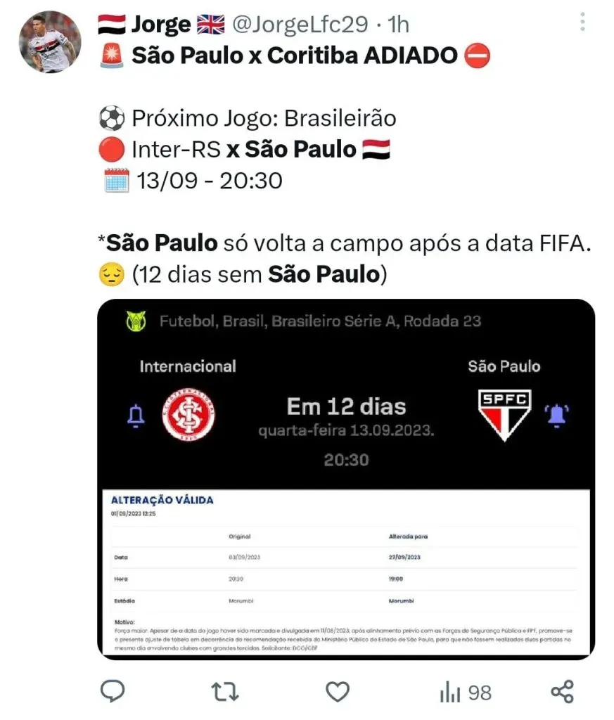 Após pedido do MPSP, CBF altera data do jogo São Paulo x Coritiba