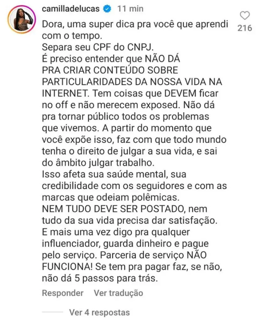 Conselho de Camilla de Lucas a Dora Figueiredo - Foto: Instagram