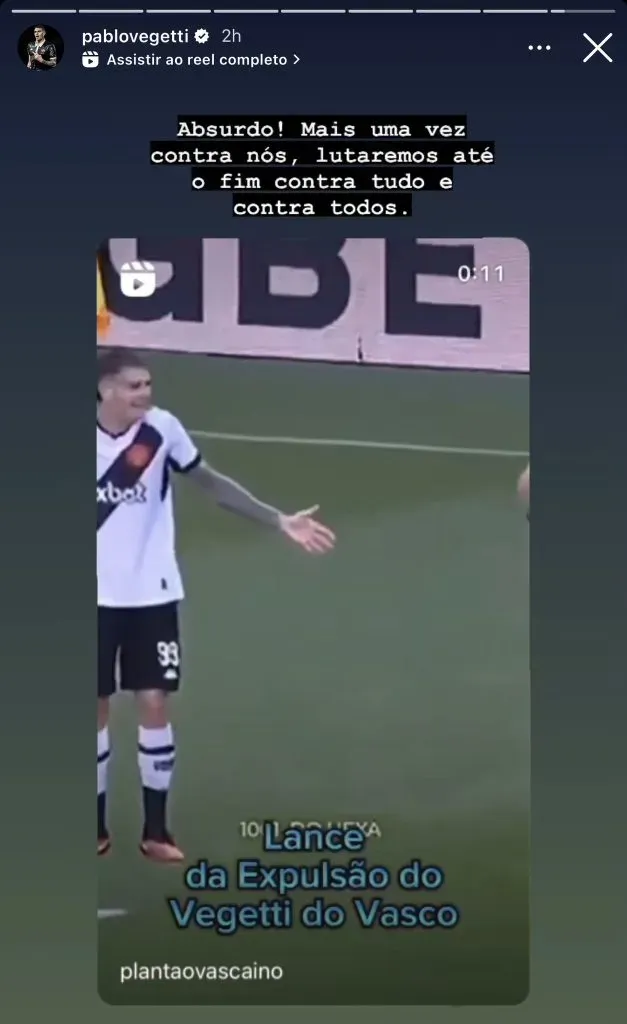 Foto: Reprodução – Vegetti desabafou nas redes sociais