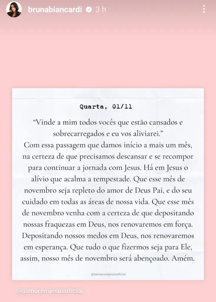 Publicação feita por Bruna nos stories – Foto: Instagram/Bruna Biancardi