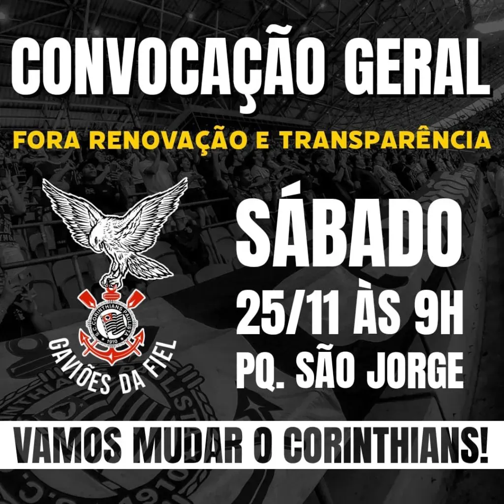 Post da Gaviões nas redes sociais. Foto: Reprodução Internet / Gaviões da Fiel