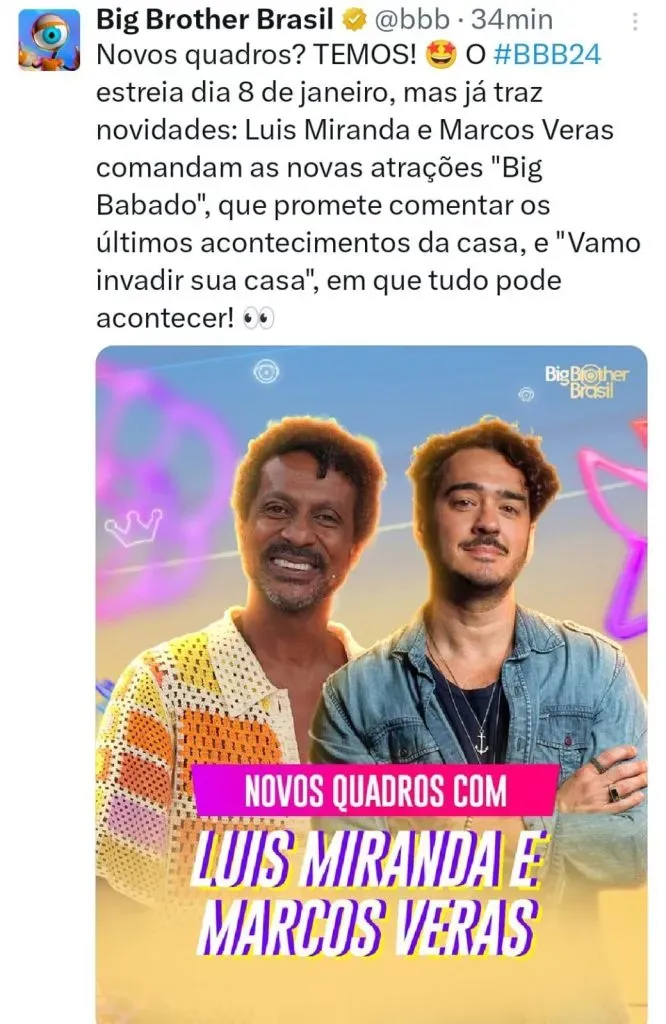 Notícia de que Luis Miranda e Marcos Veras estarão em quadros do BBB 24- Foto: X/Big Brother Brasil