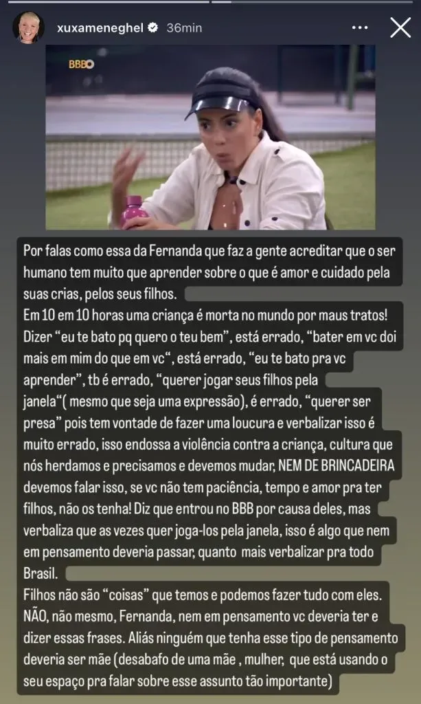 Xuxa critica falas de Fernanda, do BBB 24 – Foto: Reprodução/Instagram de Xuxa