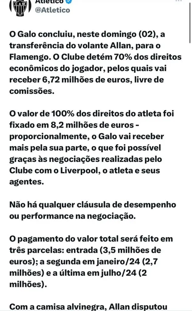 Detalhes da venda de Allan/ Reprodução: Atlético Mineiro