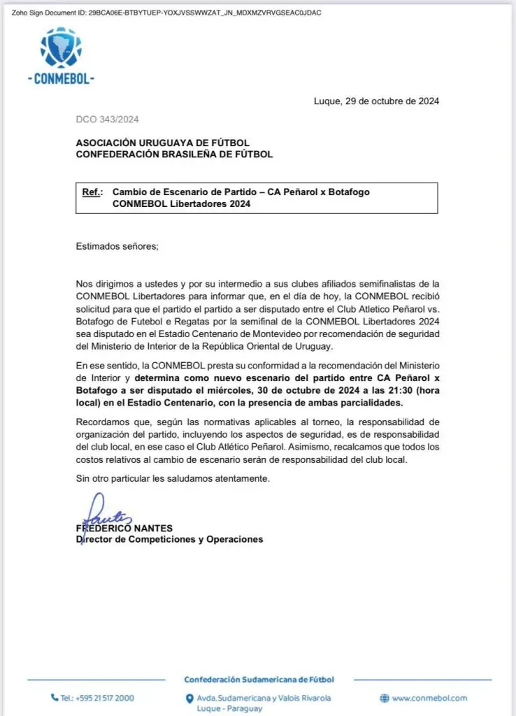 Comunicado da Conmebol sobre Peñarol x Botafogo