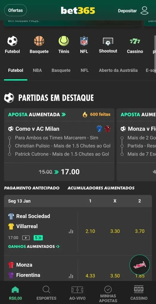 O bet365 app facilita seu o as apostas online | Crédito: Reprodução / bet365 Brasil (em 09/04/2025)