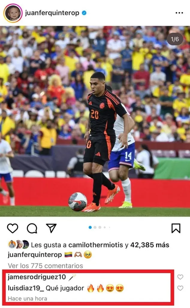 Reacciones de James y Díaz a Quintero. (Foto: Instagram / @juanferinterop)