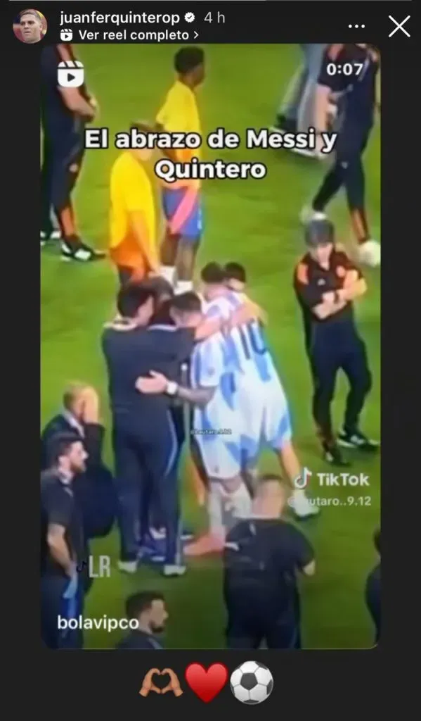 Juanfer reacciona al video con Messi. (Foto: Instagram / @jaunferquinterop)