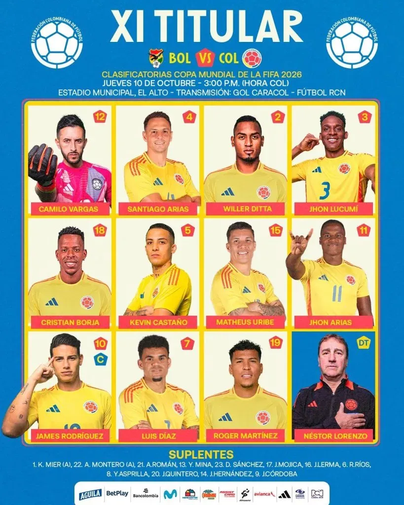 Así formó Colombia contra Bolivia. Oficial Selección Colombia.