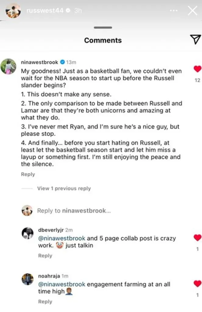 Russell Westbrook amplified his wife’s rebuttal to Ryan Clark by sharing her Instagram post. Via Instagram.