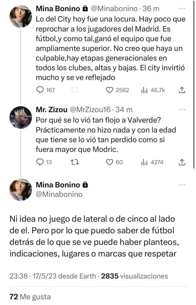 Mina Bonino y su crudo análisis de la eliminación de Real Madrid (Twitter)